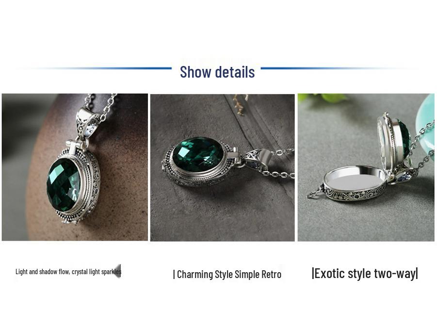 Silverstone S925 Baroque-Style Green Crystal Vintage Engraved Silver Pendant for Women
