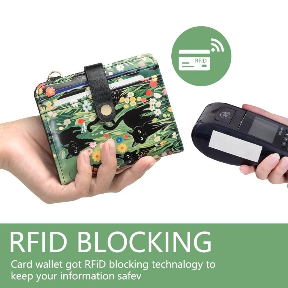 Cute RFID Card Holder PU Leather Ultra-Thin Coin Bag Compact Black Cat Floral Women Wallet Daily Use