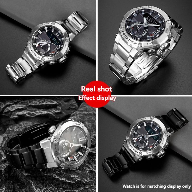 Ремешок для часов из нержавеющей стали для Casio G-Shock GST-B200/B200D | Браслет шириной 24x16 мм у крепления | Мужской серебристый/черный металлический ремешок
