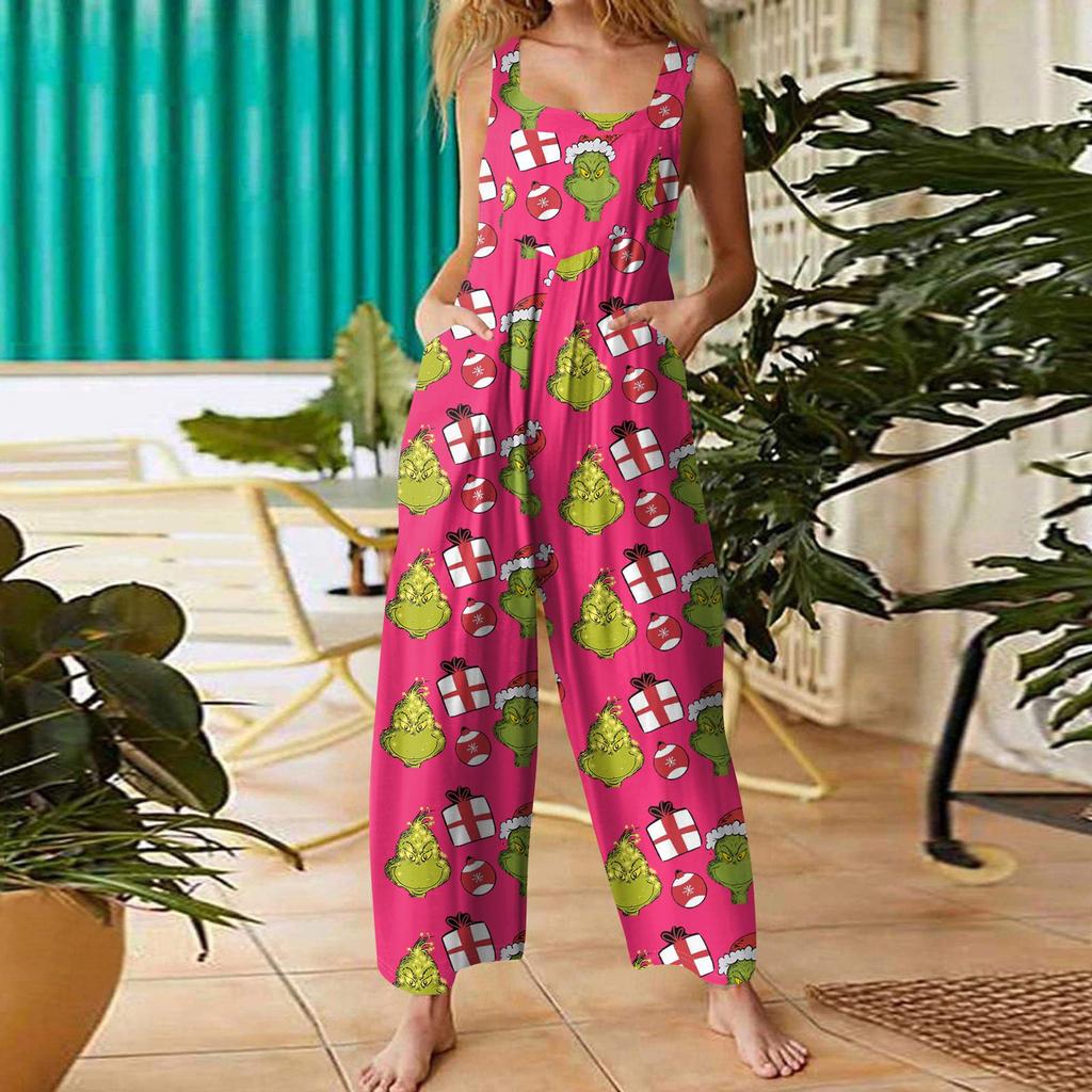 Women's Casual Loose Jumpsuit Christmas Print Wide Leg Jumpsuit Sleeveless With Pockets