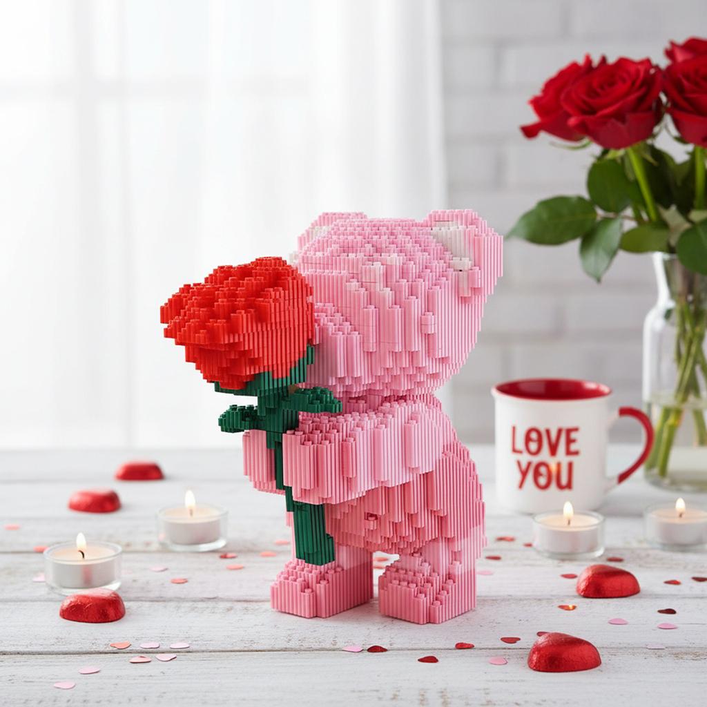 DIY Construction Toy with Rose Bear 3D Building Blocks for Kids Couple Gift Desktop Home Decorations