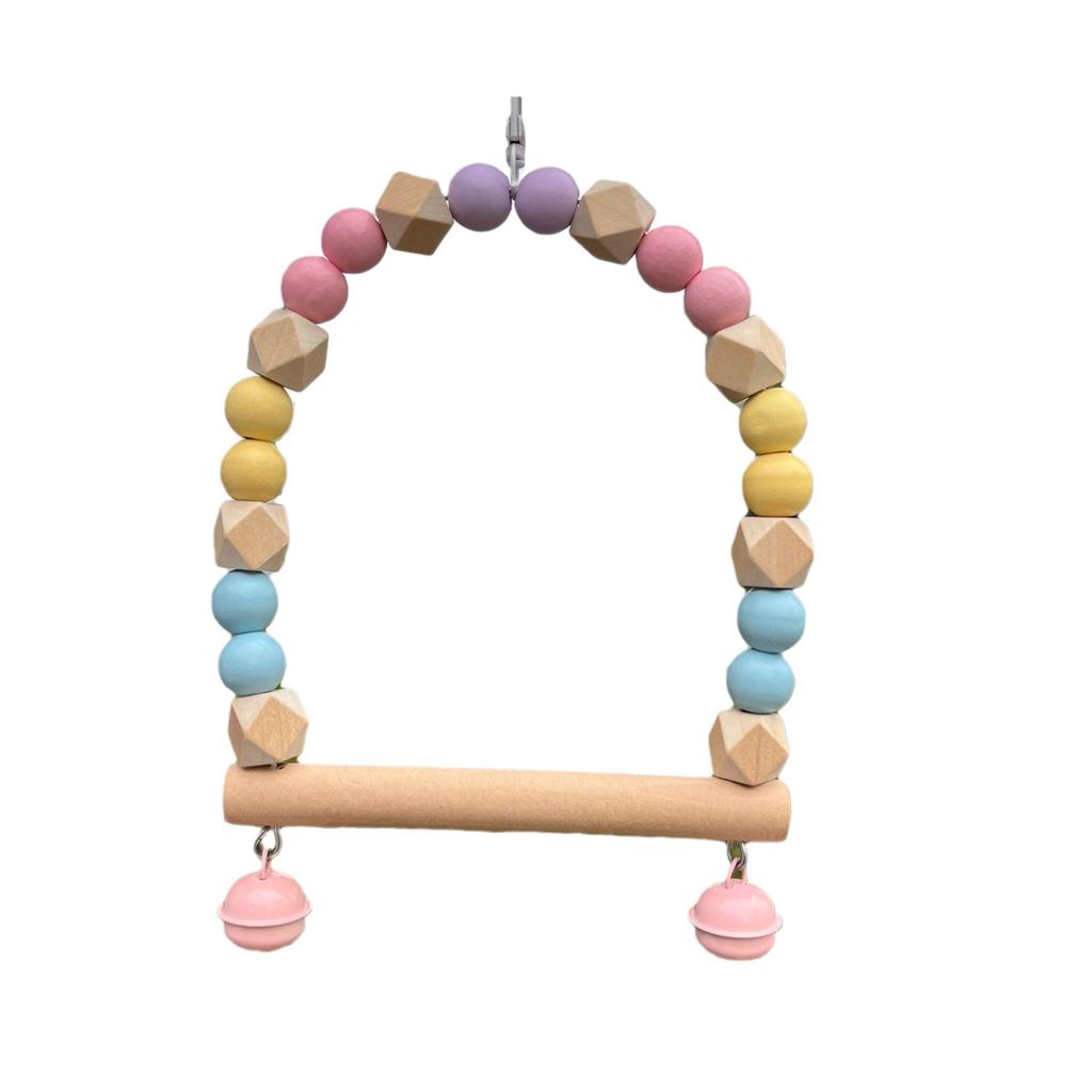 Pet Toy Parrot Bird Swing Macaron Colored Bell Solid Wood Environmentally Friendly Hanging Bird Cage Stand Pole Pet Supplies