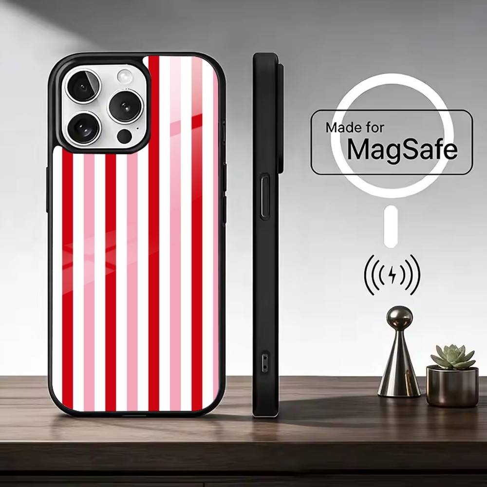 Бордовый с белой полоской Чехол для телефона Для iPhone17,16,15,14,13,12,11 Plus,Pro Max Магнитный Для Magsafe Беспроводной зарядки