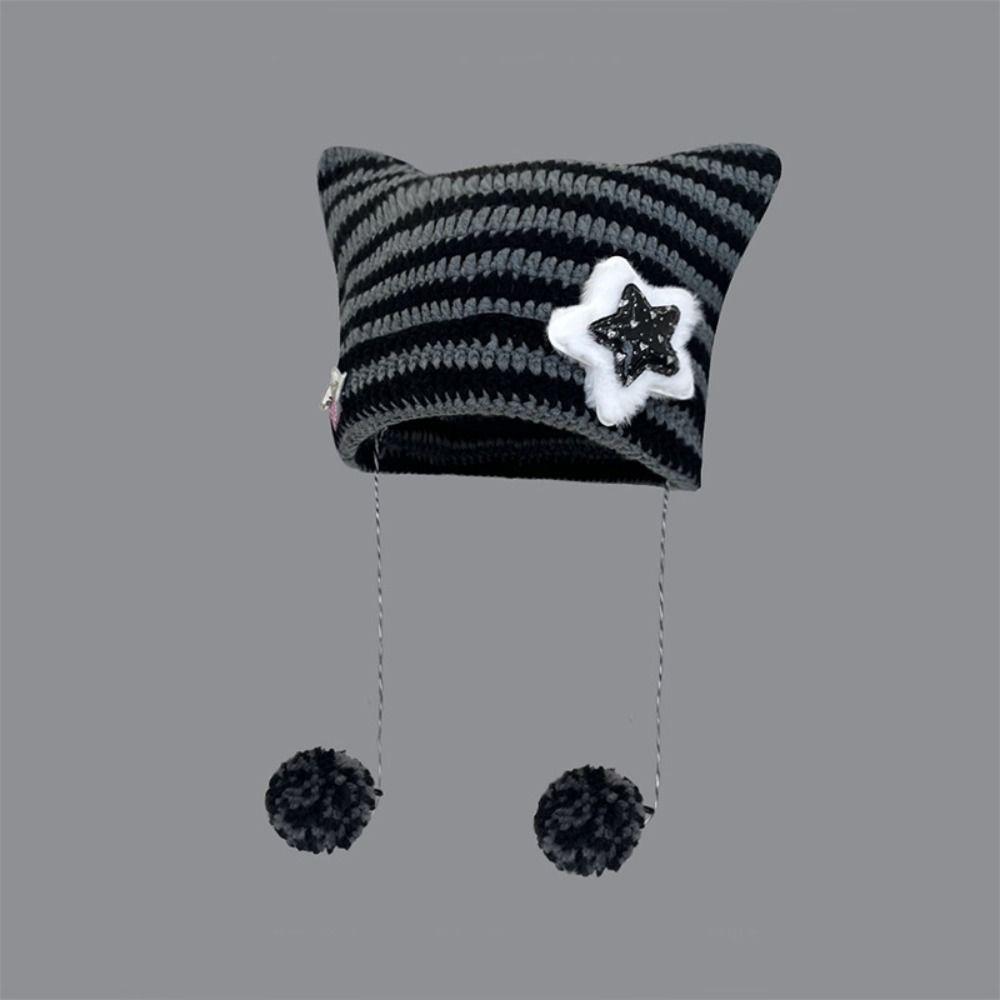 Striped Pullover Hat Y2K Cat Ear Hat Cute Star Knitted Beanie Hat Girl