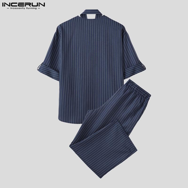 INCERUN 2 ШТ. Мужская рубашка с завязками на шее, с короткими рукавами, длинные прямые брюки, полосатые комплекты