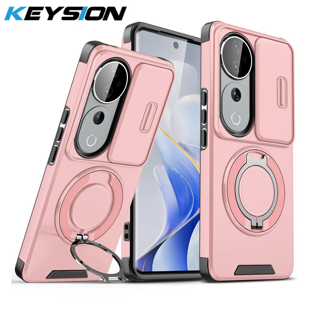 KEYSION 360°Rotating Ring Stand Phone Case for VIVO V40 Pro 5G Slide Camera Protection Magnetic Shockproof Cover for VIVO V40 5G