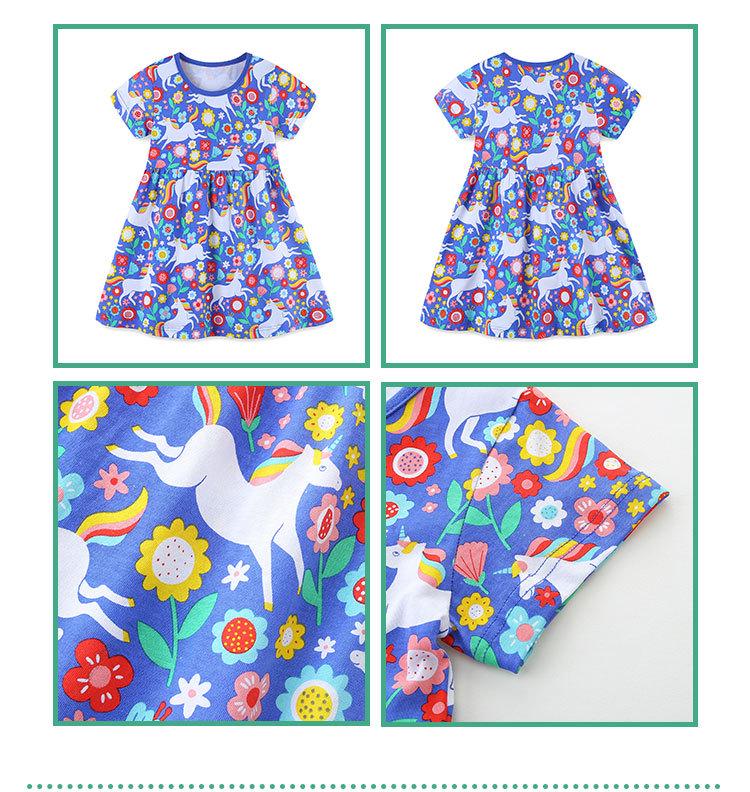 Летнее платье принцессы с мультяшным принтом для девочек - круглый вырез, короткие рукава, трикотаж из хлопка