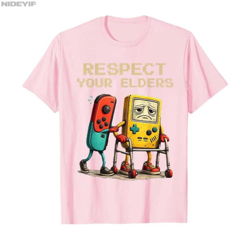 Cotton T Shirts Short Sleeve Tops Respect Your Elders Gaming Control Retro Funny 80s 90s Gamer Tshirt For Unisex Women