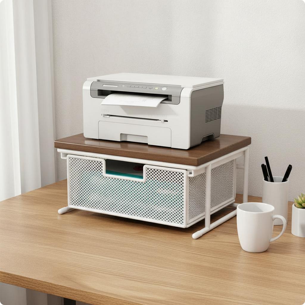 Printer Stand with Drawer Multi-Purpose Desktop Printer Stand Desktop Shelf Sturdy Desk Storage Metal Frame for Study Room
