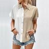 Women Summer Polo Collar Short Sleeve Contrast Shirt Single Breasted Loose Blouses Tops