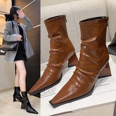 Модные новые ботинки до середины икры для женщин, остроносые, на тонком каблуке, современные ботинки, для улицы, вечеринки, уличный сексуальный стиль, однотонные ботинки, женская обувь