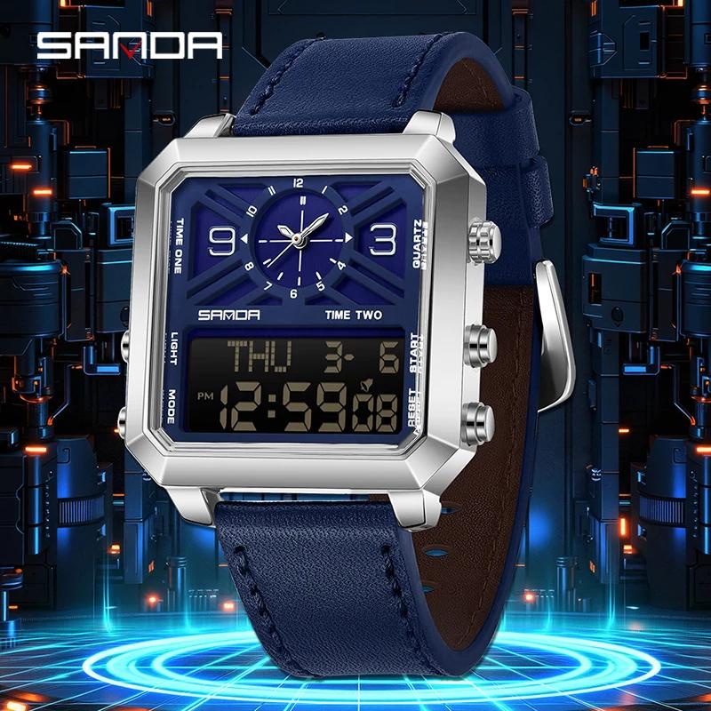 SANDA New Square Business Sports Dual Display Men's Quartz Watch Waterproof LED Analog Digital Countdown Electronic Male Watches