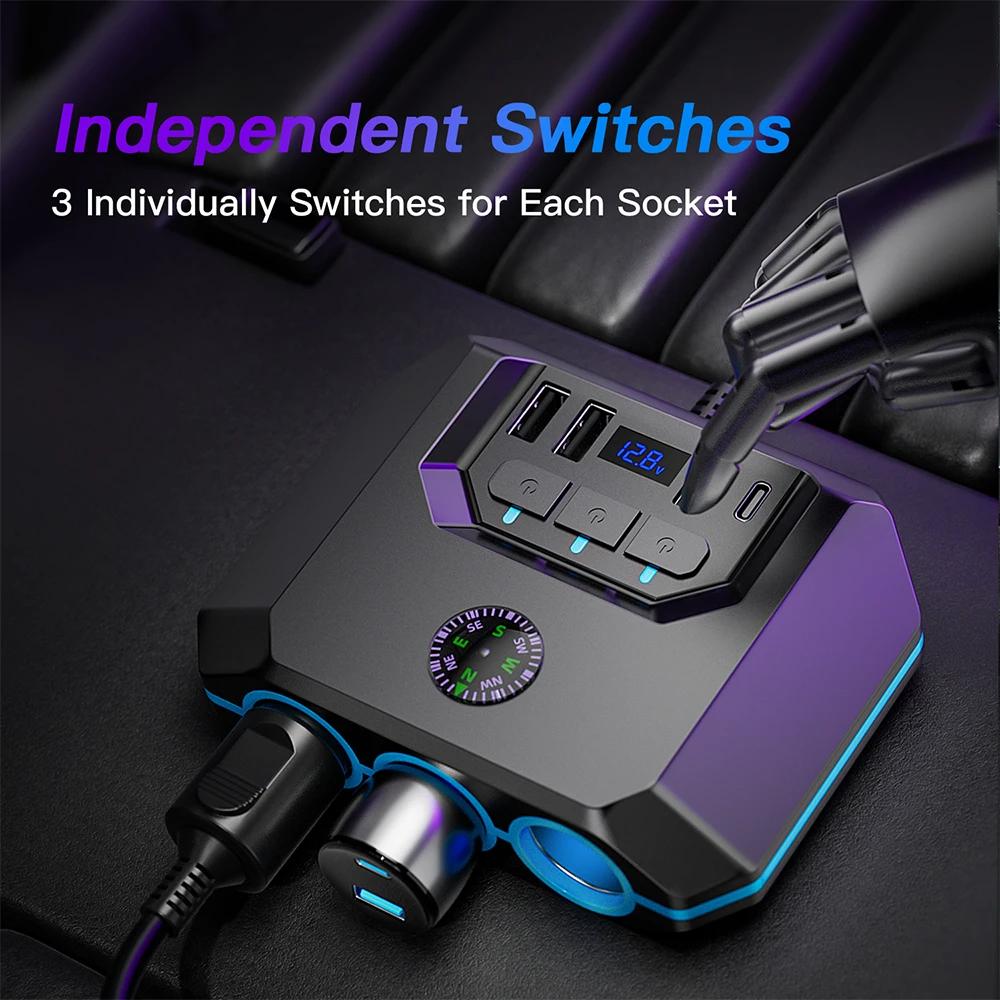 12-24 В автомобильный прикуриватель разветвитель адаптер 120 Вт авто 3 USB PD розетка питания со светодиодом ВКЛ/ВЫКЛ напряжение с компасом автомобильное зарядное устройство