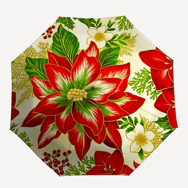 1pc Poinsettia Pattern Automatic Folding Umbrella - Portable Collapsible 8-Rib Umbrella for All Seasons yy251119150