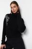 Women's Fashion Stylish Sweater Black Soft Textured Stone Detailed Turtleneck Knitwear Sweater