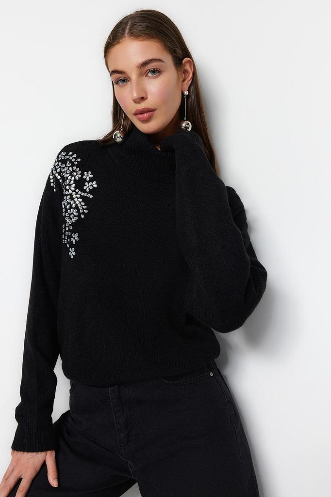 Women's Fashion Stylish Sweater Black Soft Textured Stone Detailed Turtleneck Knitwear Sweater