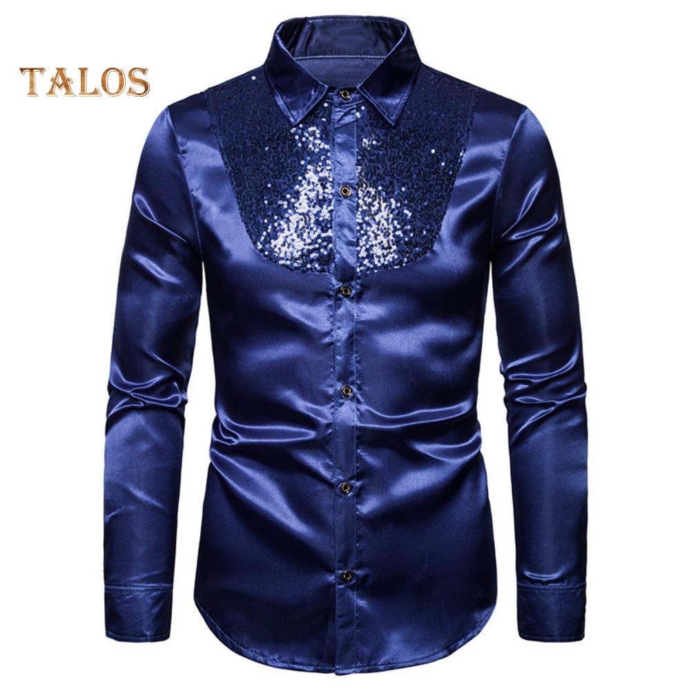 Men Solid Color Long Sleeve Shiny Sequins Buttons Stage Business Nightchlub Shirt