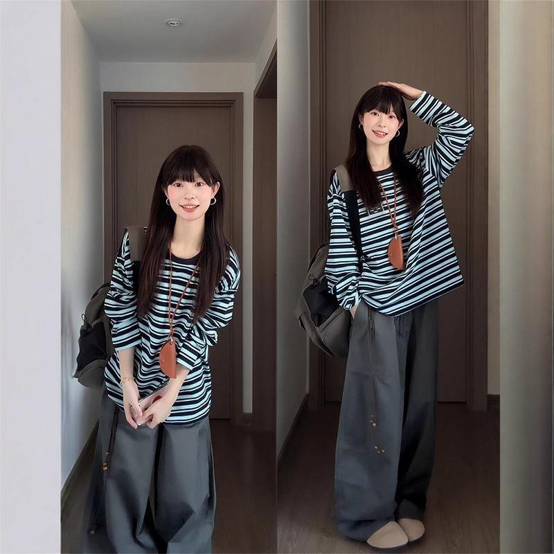 Womens Vintage Blue White Striped Long Sleeve T-Shirt Loose Fit Lazy Style Basic Top