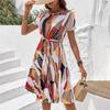Women Summer Pleated Dress with Belt Round Neck Short Sleeve Medium Long