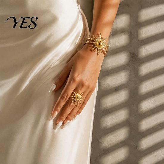 Golden Plated Jewelry Set 2Pcs Retro Sun Bangle Ring Set, Open Adjustable Cuff Bracelet & Ring, Statement Hand for Women