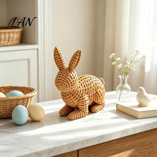 Outdoor Garden Decor 3D Printed Wicker?Look Bunny Figurine, Rattan Texture Rabbit Statue, Style Figurine Weather Resistant Decorative Ornament
