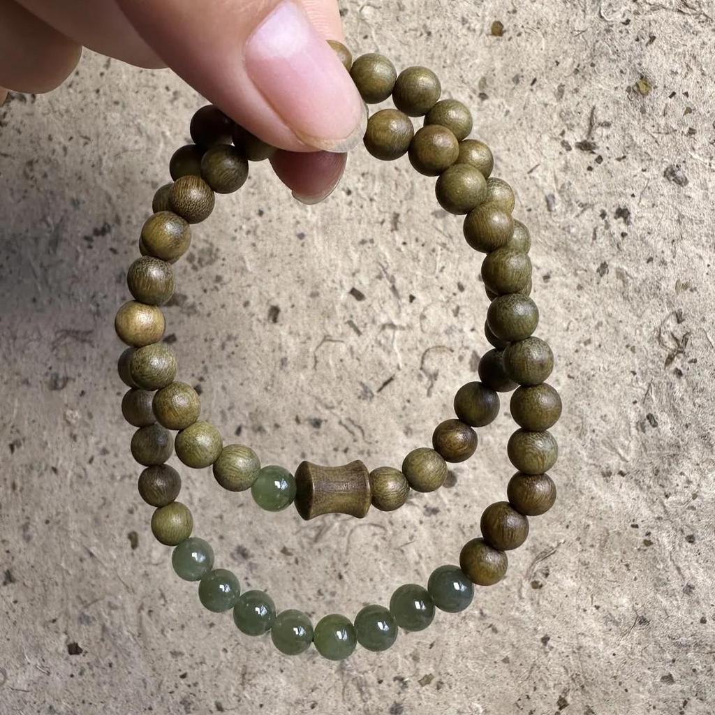 Natural Green Sandalwood Wénwán Double Wrap Bracelet - Niche Design for Men, Women, Couples