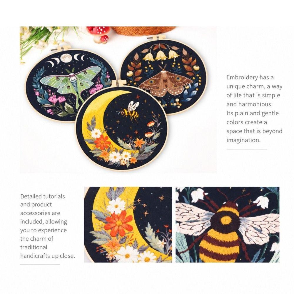 Stamped Pattern Embroidery Kit Bamboo Hoop Moth Embroidery DIY Embroidery Set  Craft Gift Idea