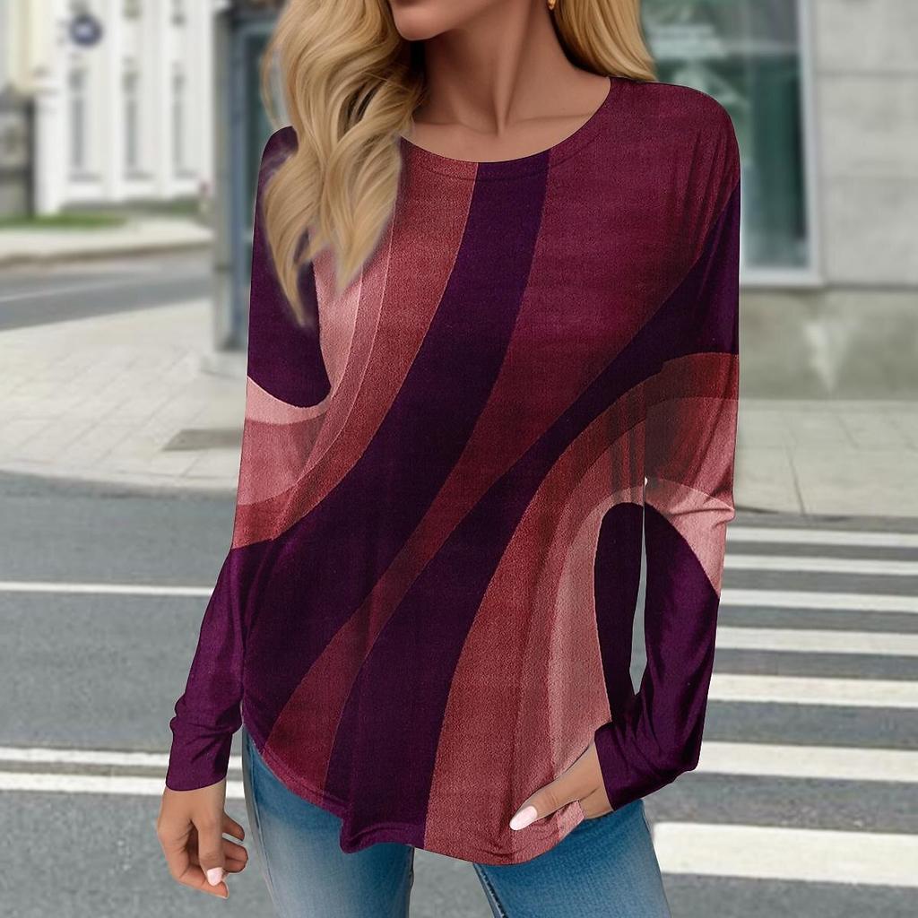 Women Geometric Print Winter Cotton T Shirt Contrast Vintage Long Sleeve Printed Loose Shirts Top Spring Autumn Elegant Lady Tee