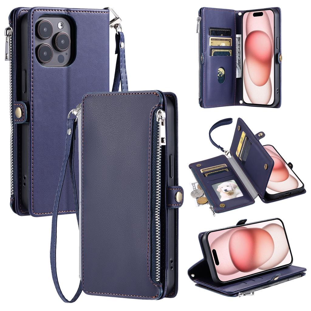015 Style For iPhone 16 Pro Case Protective Leather Wallet Phone Cover with Straps