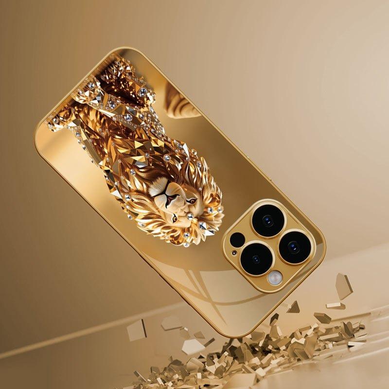 Стеклянный чехол для телефона iPhone 17 11 12 13 14 15 16 Pro Max 15 Plus 17Air 16E с золотым узором льва и золотой металлической краской