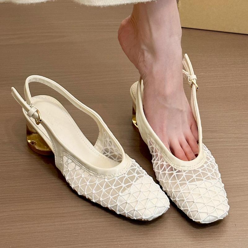 Fashion Mesh High Heels Sandals Women Shoes Hollow Square Toe Slippers 2025 Trend Summer Elegant Dress Pumps Chunky Sandalias De Mujer