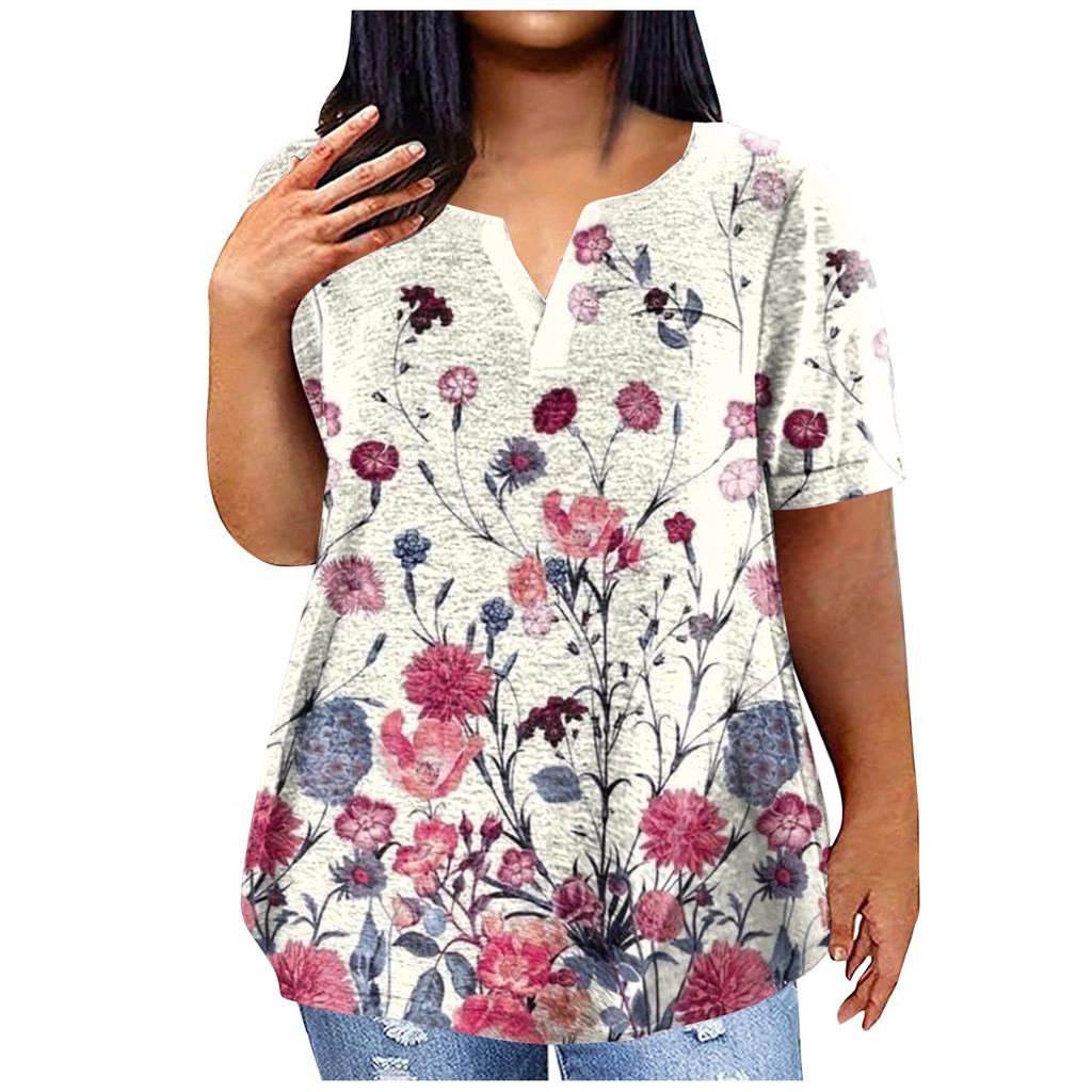 Women's Large T-shirt Summer Casual Print V-neck Short Sleeve Pocket Top