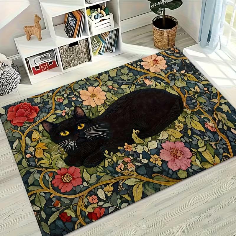 Cute Black Cat Floral Print Area Rug Soft Non-Slip Living Room Carpet Boho Flower Cat Pattern Floor Mat for Bedroom Hallway