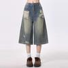Retro Ripped Denim Shorts for Women Baggy Seven-point Jeans Pants Trend Clothing Y2k Streetwear Summer