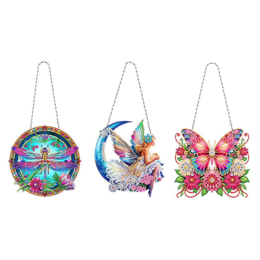 3Pcs Acrylic Butterfly Dragonfly Fairy Diamond Painting Ornaments Diamond Painting Hanging Pendant for Garden Window Decor