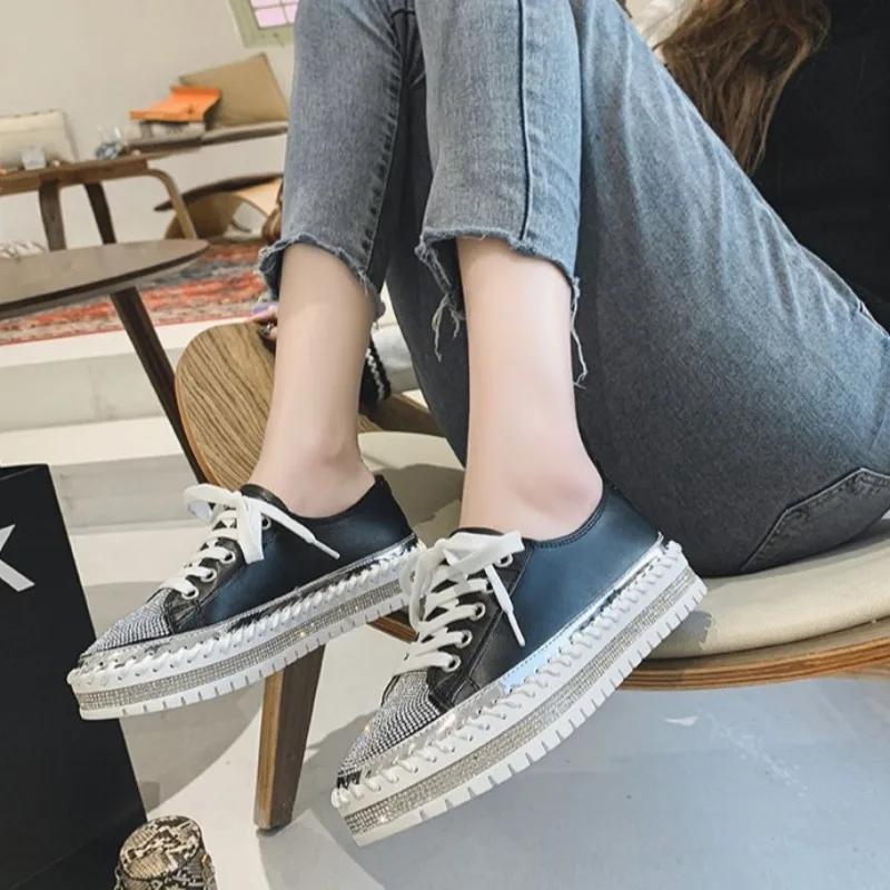 2025 Новая американская мода женская повседневная обувь со стразами и пайетками женские балетки удобные кроссовки для ходьбы на платформе большой размер 45