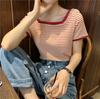 Summer New Striped T-shirt Women's Ice Silk Sweater All-match Bottoming Shirt Square Neck Short-sleeved Inner Short Bm Top