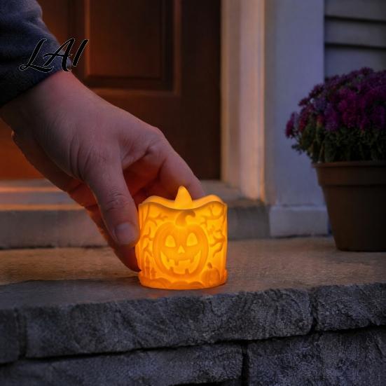 Vintage Style Pumpkin Lantern Halloween LED Candle Flameless Electronic Tealight Embossed Resin Lantern Warm Yellow Lamp Spooky Table Decor