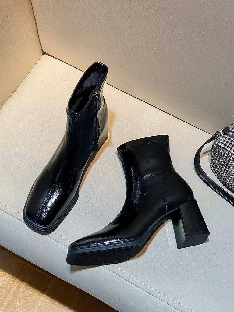 Внешняя торговля французский квадратный носок толстый каблук короткие ботинки 2024 новые ретро мода тонкие ботинки короткие маленькие одинарные ботинки