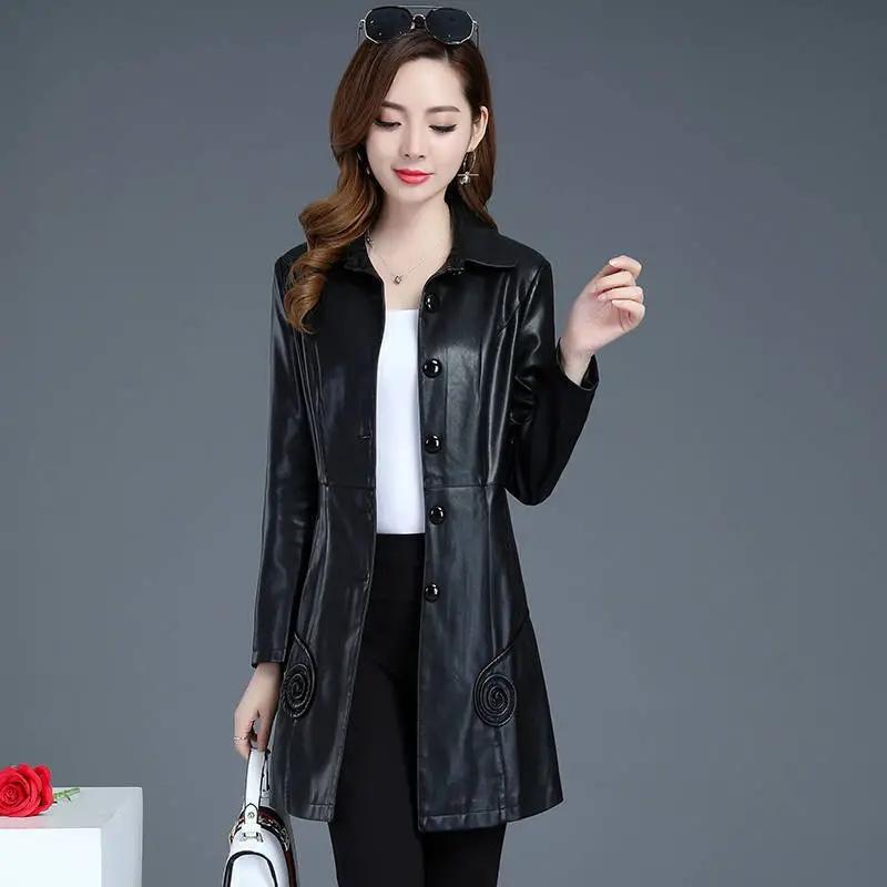 Модная кожаная куртка средней длины, женское осенне-зимнее пальто, новая ветровка из искусственной кожи, верхняя одежда, женский большой размер 6XL