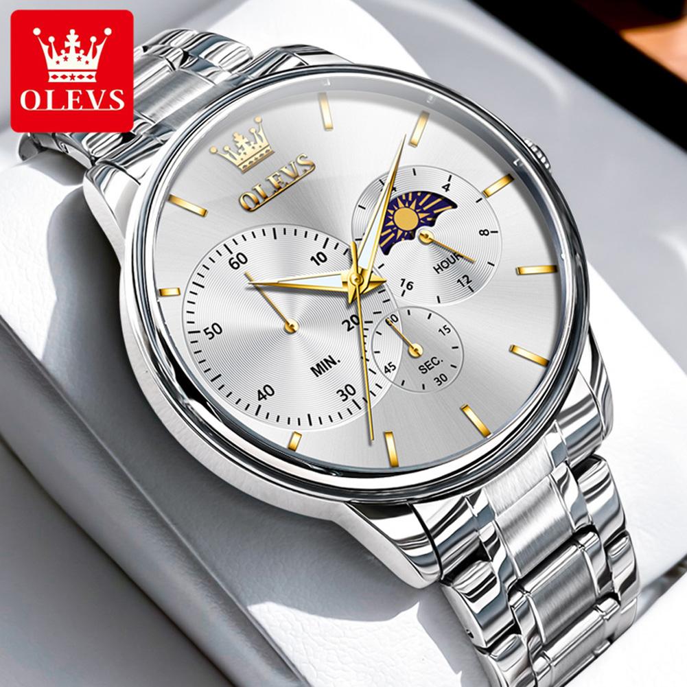 OLEVS Moon Phase Men's Watch Simple Casual Original Fashion Quartz Watch for Men Waterproof Luminous Stainleess Steel Wristwatch