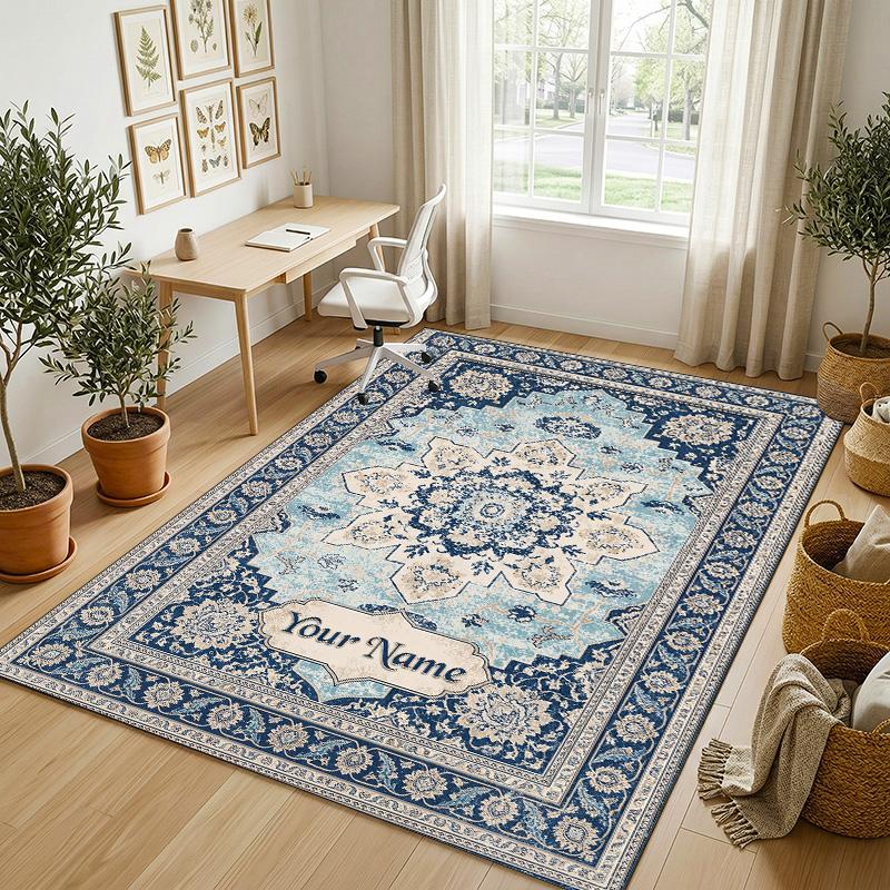 Egyptian Flower Theme Soft Crystal Velvet Rug Custom Name & Text Print Non Slip Floor Rug for Bedroom Living Room