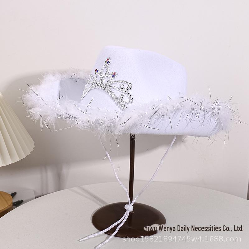 Розовая ковбойская шляпа с короной из перьев и стразами для фестивалей