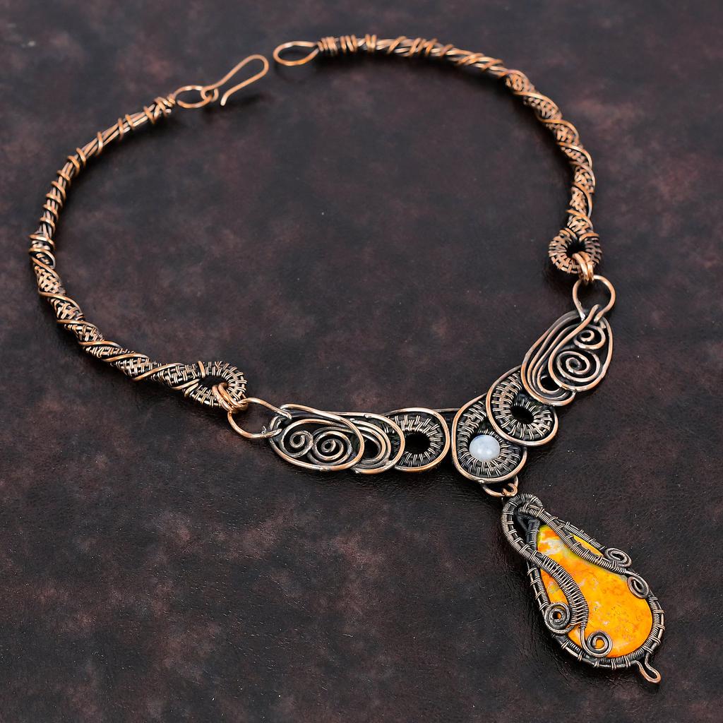 Bumble Bee Jasper Necklace Copper Wire Wrapped Necklace Rainbow Moonstone Necklace Handmade Gemstone Necklace Copper Jewelry Engagement Gift