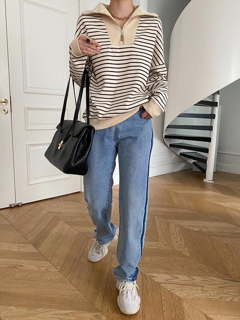 Полосатая толстовка Sinan French Zipper Polo Collar, дизайн осень/зима 2024, SN2133