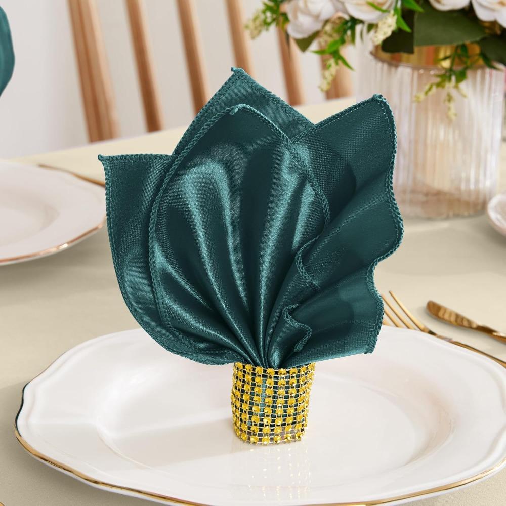 M 100 Pcs Dark Green Satin Napkins and Napkin Rings Set, 17 x 17 Inch Square Cloth Napkins Set of 50, Silky Soft Table Napkins Bulk