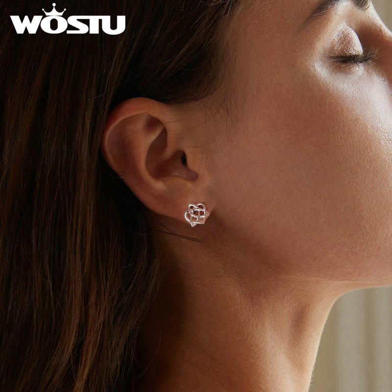 WOSTU 925 Sterling Silver Celtic Knot Stud Earrings for Women Hollow Studs Punk Accessories love Party Ring Jewelry Wedding Gift