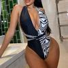 Deep V-neck Long Bandage Padded Sexy Monokini Women Snakeskin Patchwork Print