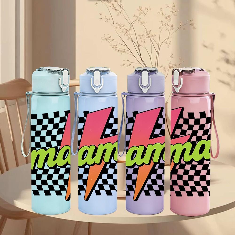 1PC Checkered Mama Lightning 750ml Color Plastic Sports Water Bottle Leakproof Flip Straw Lid Suitable for Sports Office Home Use