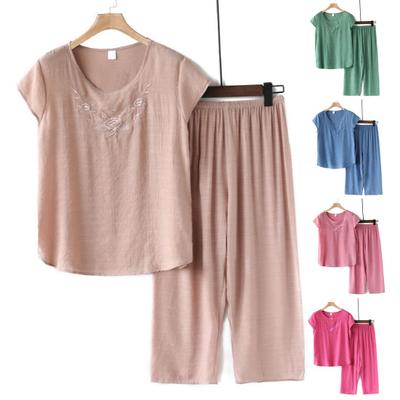 Комплект из 2 шт./компл., повседневный топ для мамы среднего возраста, укороченные брюки, однотонный комплект с вышивкой и круглым вырезом, с короткими рукавами, плиссированный наряд с эластичной резинкой на талии и широкими штанинами